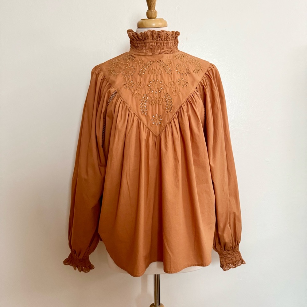 H&M Terracotta Embroidered High-Neck Blouse